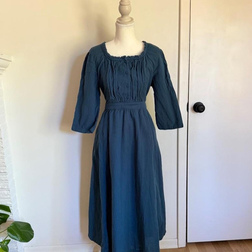 April Cornell blue cotton peasant cottagecore midi dress with tie waist + sleeve